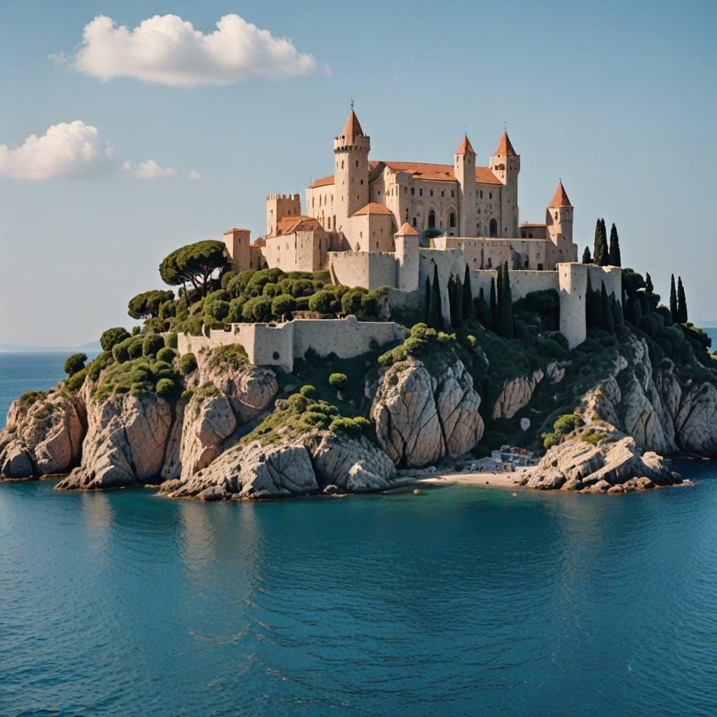 Mediterranean Island with Castle: A Scenic Vista