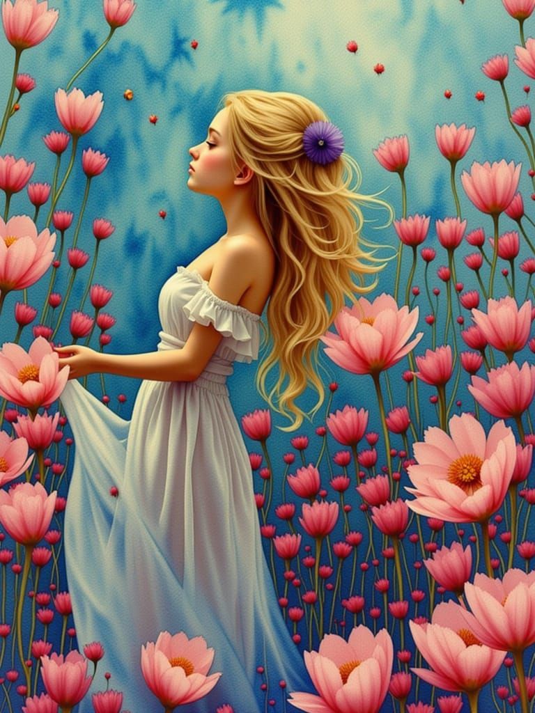 Watercolor Fairy Angel in a Flower Field