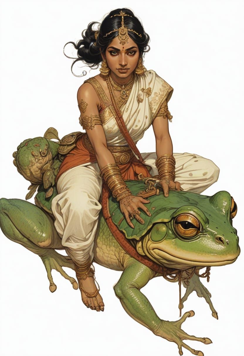 Heroic Fantasy Illustration of Hindu Woman Riding Giant Frog
