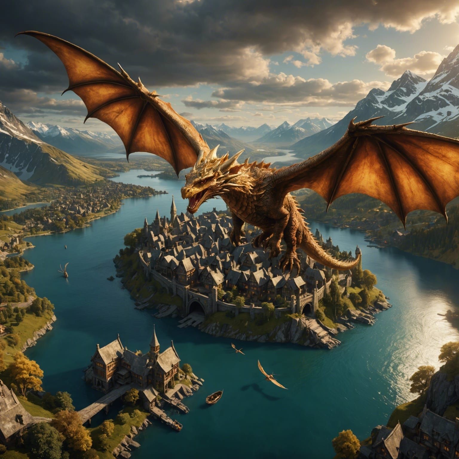Golden Smaug Flies Towards Lake Town