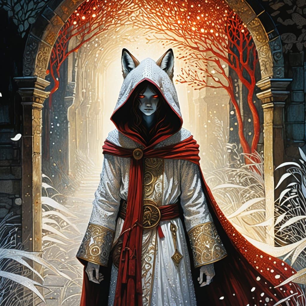 Eerie Hooded Fox Silhouette in Pointillism