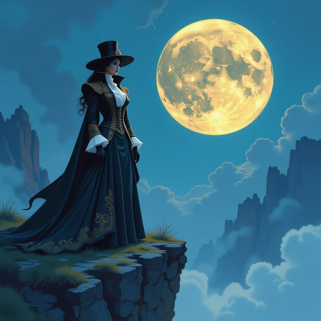 Victorian Figure on Moonlit Cliff in Fantasy Art Style