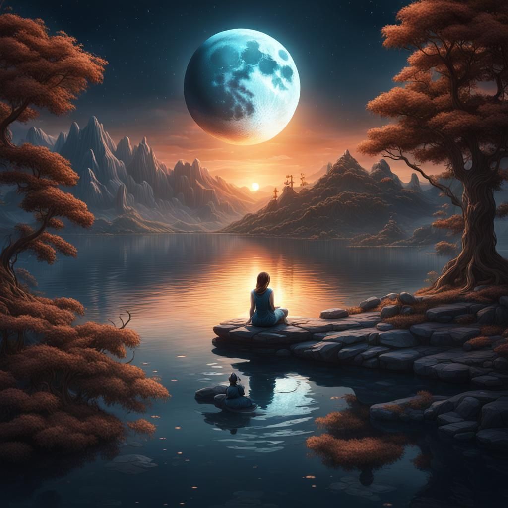 Girl on Lake Under Moon, Detailed Digital Painting
