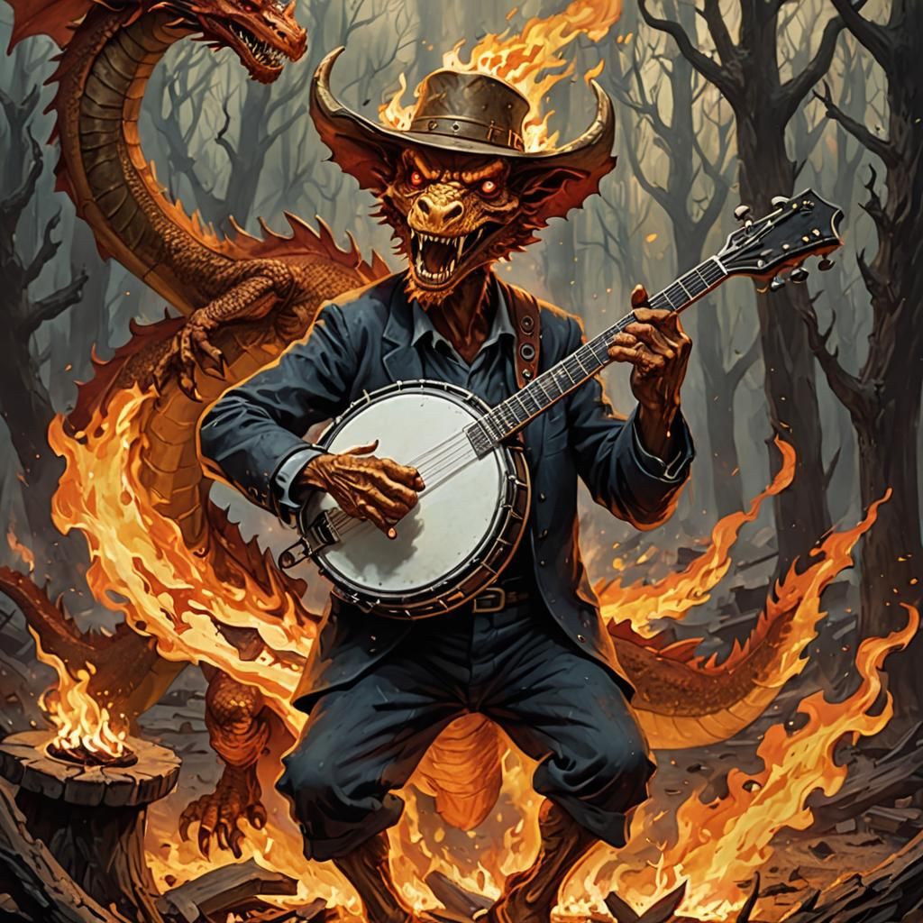 Fiery Dragon and Banjo Player Digital Painting