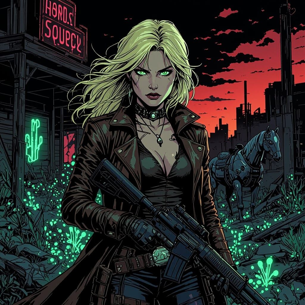 Cowgirl in Futuristic Saloon Graphic Novel Style
