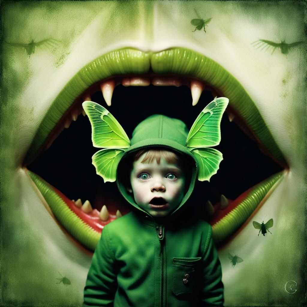 Eerie Lunar Moth Portrait in Mouth