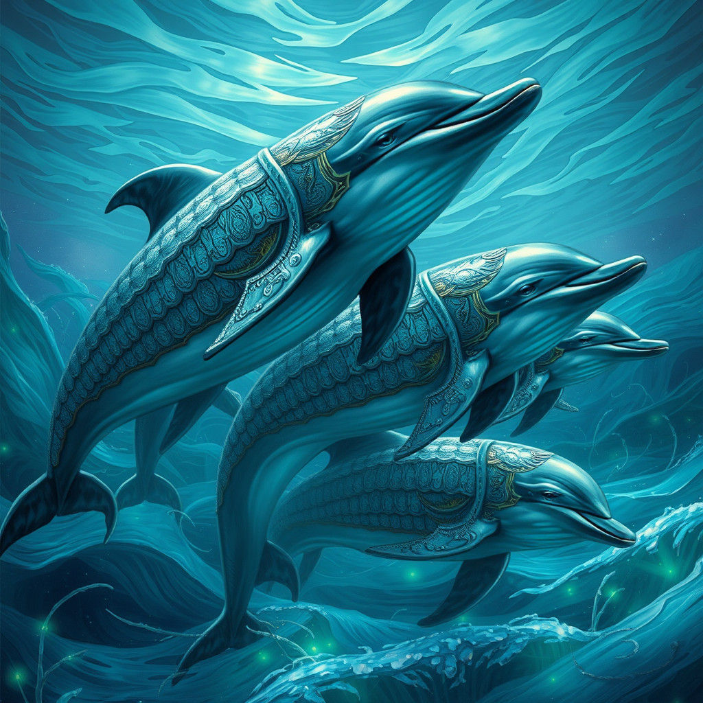 Armored Dolphins in Bioluminescent Ocean