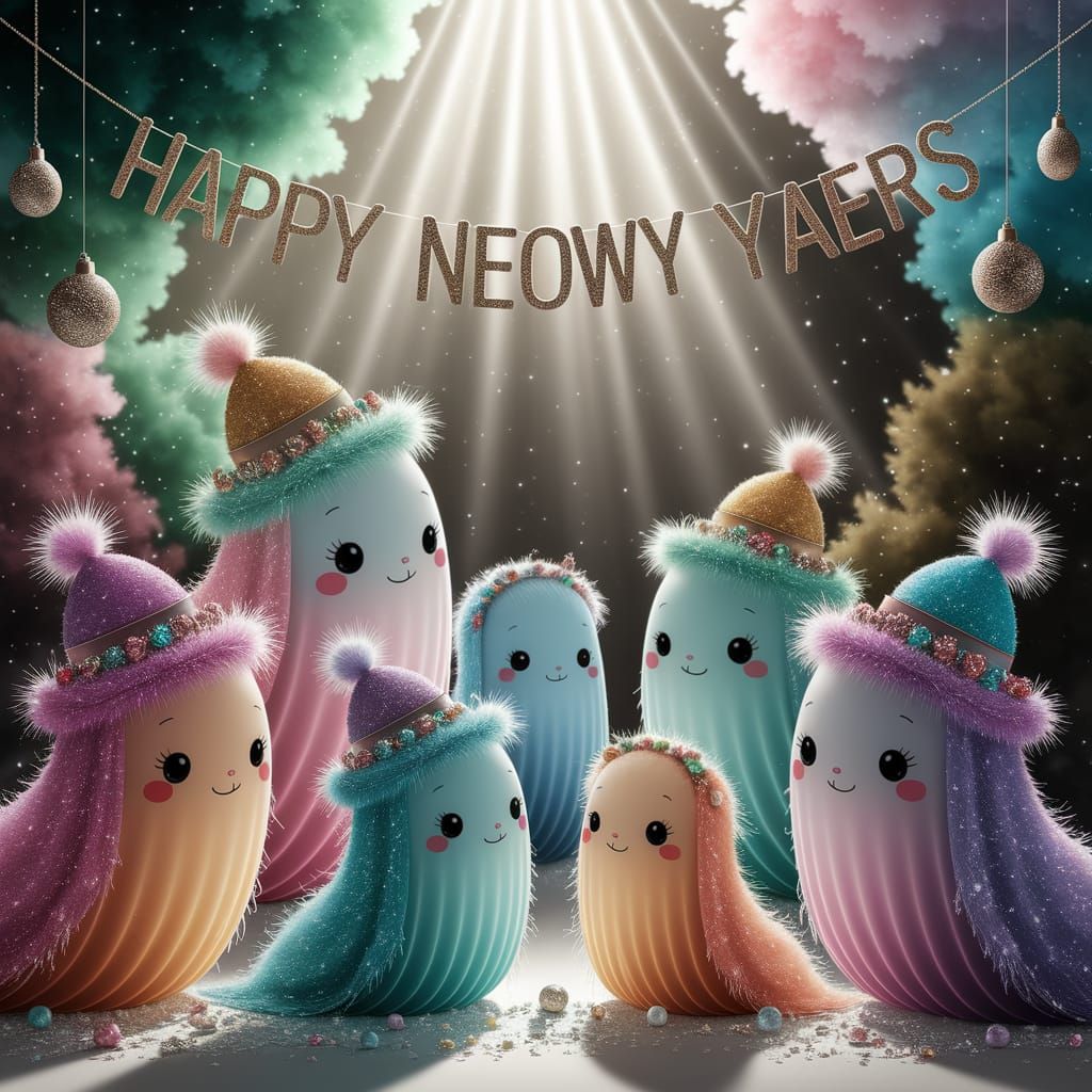 Adorable Ghosts Celebrate New Year with Festive Hats