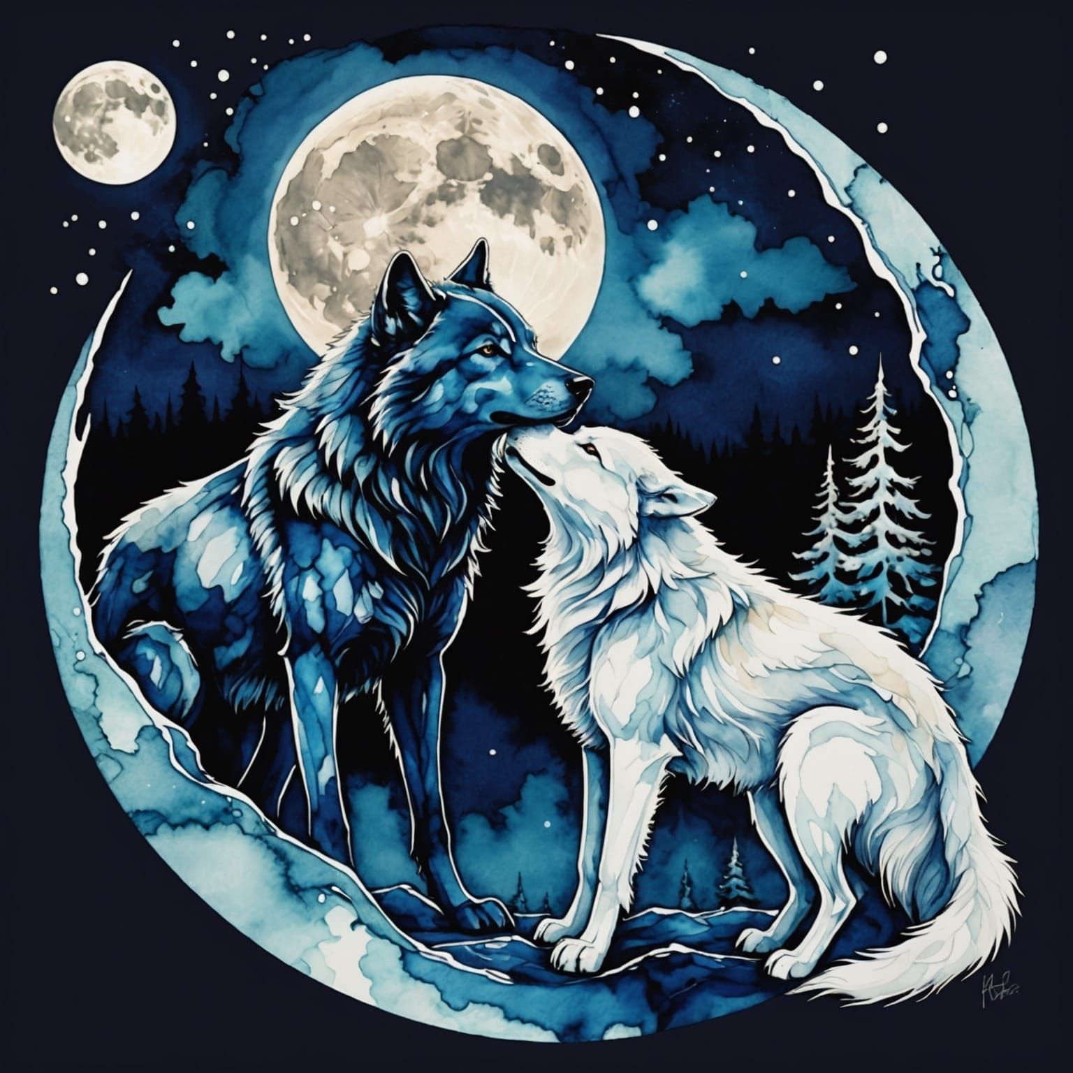 Wolves Kissing Under Full Moon in Alcohol Ink Style