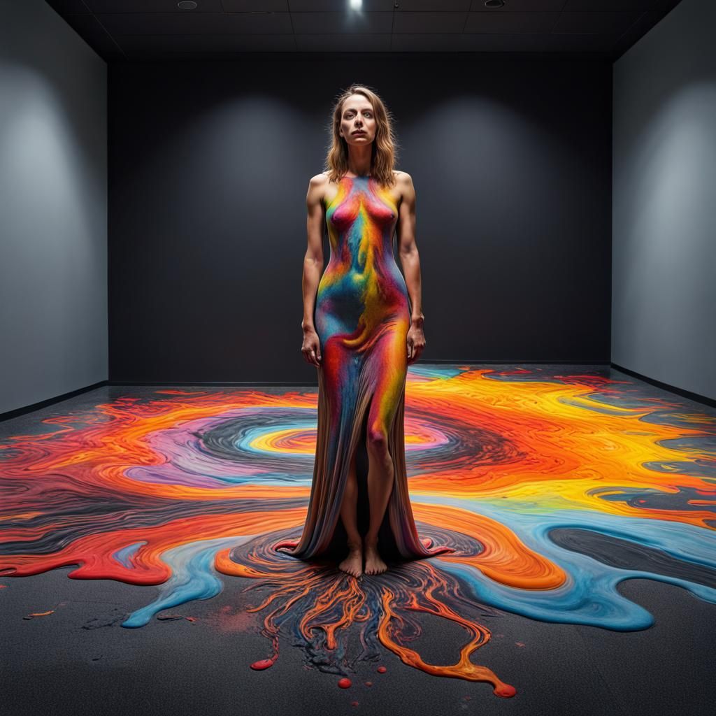 Surreal Art with a  pretty woman  melting off the Black wall on to the gray murblbe glaze floor of the exhibition hall