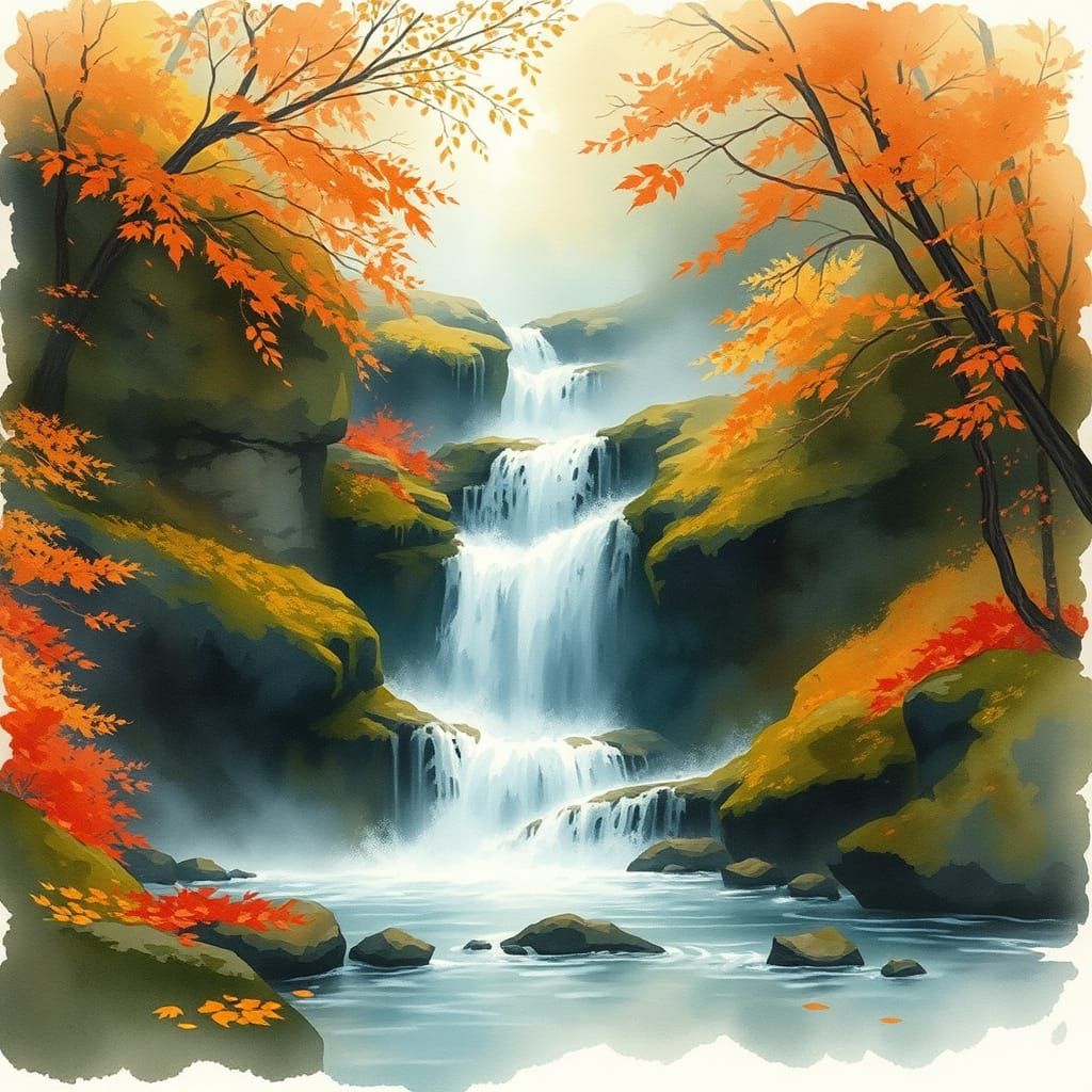 Misty Autumn Waterfalls in Expressive Watercolor Style