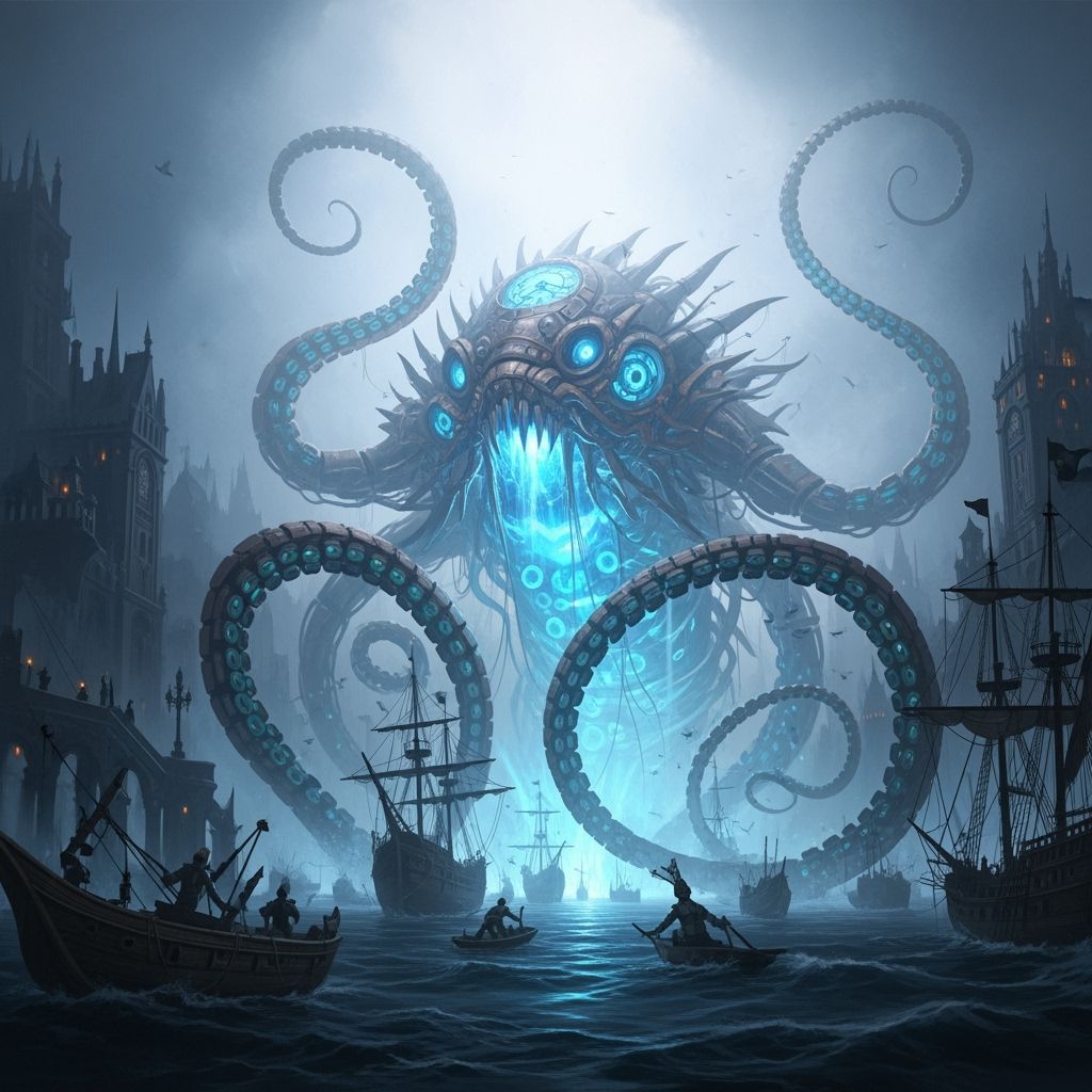Clockwork Kraken Emerges from Gothic Harbor