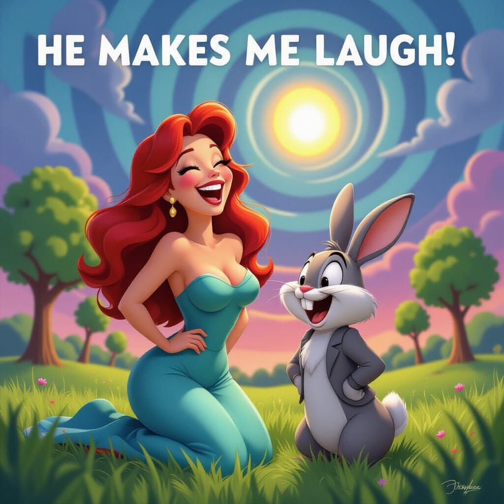 Long red haired Jessica Rabbit laughing hysterically. She is wearing her nice tight dress & her husband Peter Rabbit is ...