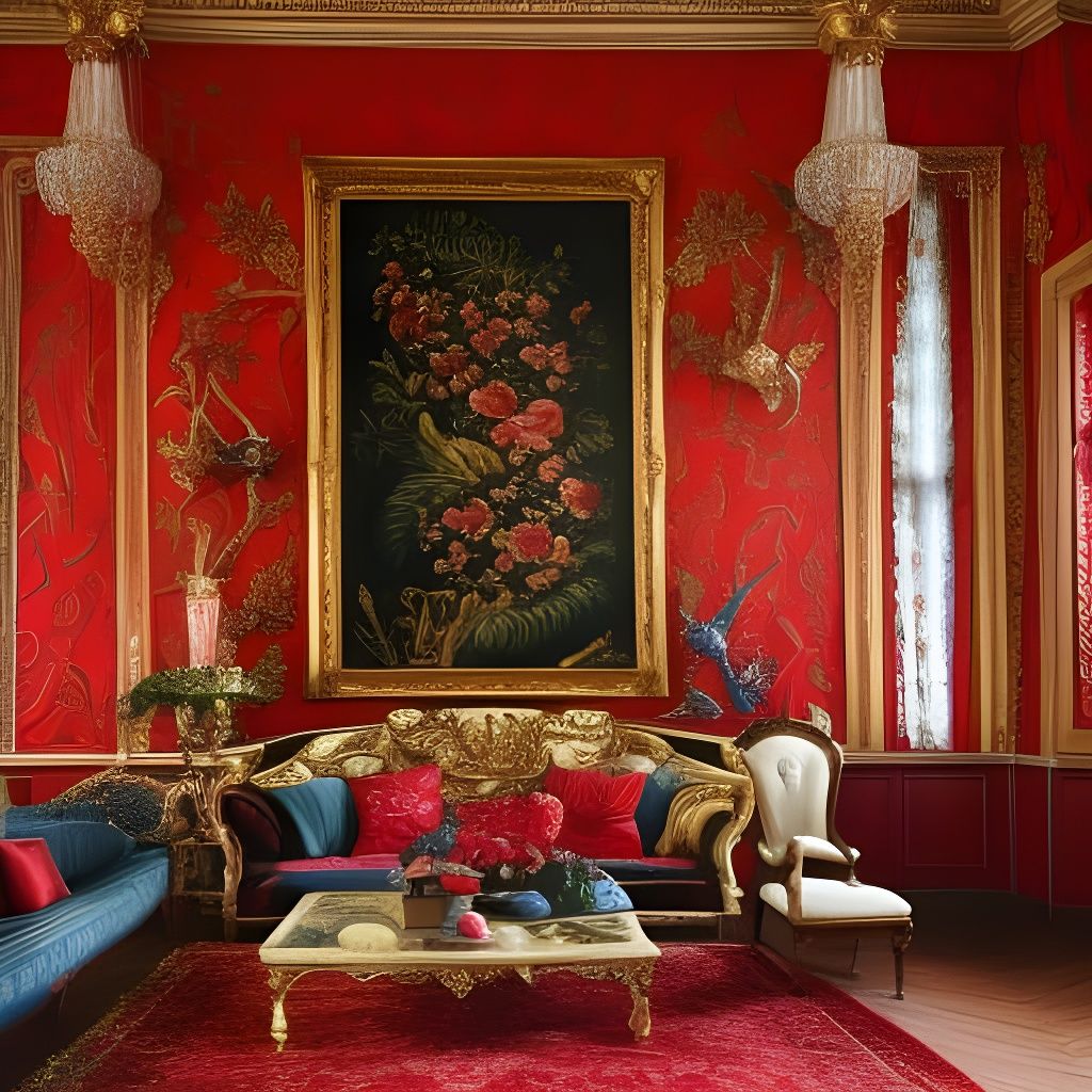 Intricate Rococo Living Room in Red and Blue