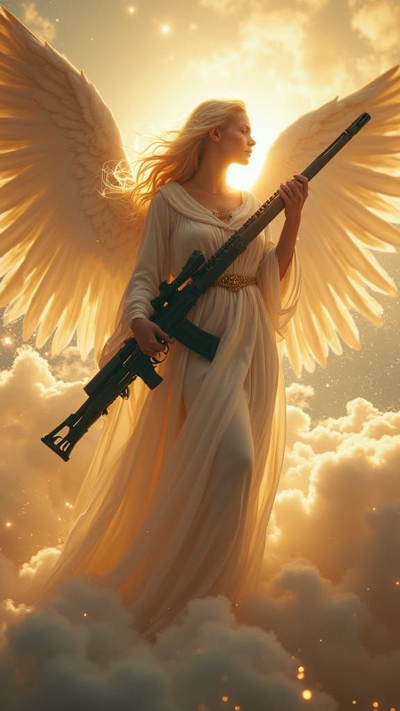 Celestial Angel Descends with Rifle in Cosmic Storm