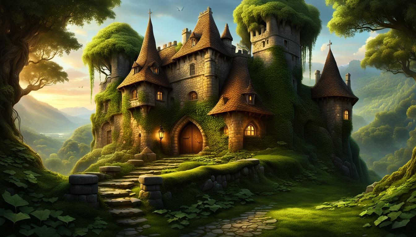 Enchanting Stone Castle in Forest: Digital Matte Painting