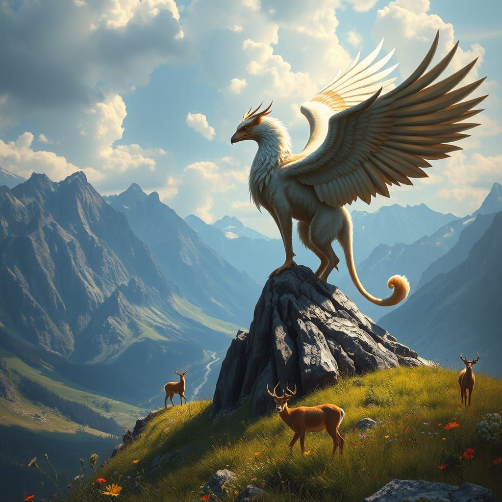 Griffin Perched on Mountain Peak in Bierstadt Style