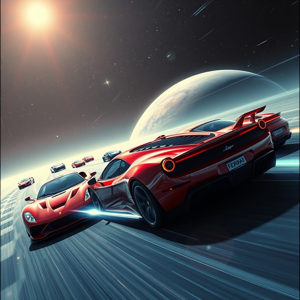 High-Speed Car Racing in Zero Gravity amidst a Celestial Bac...