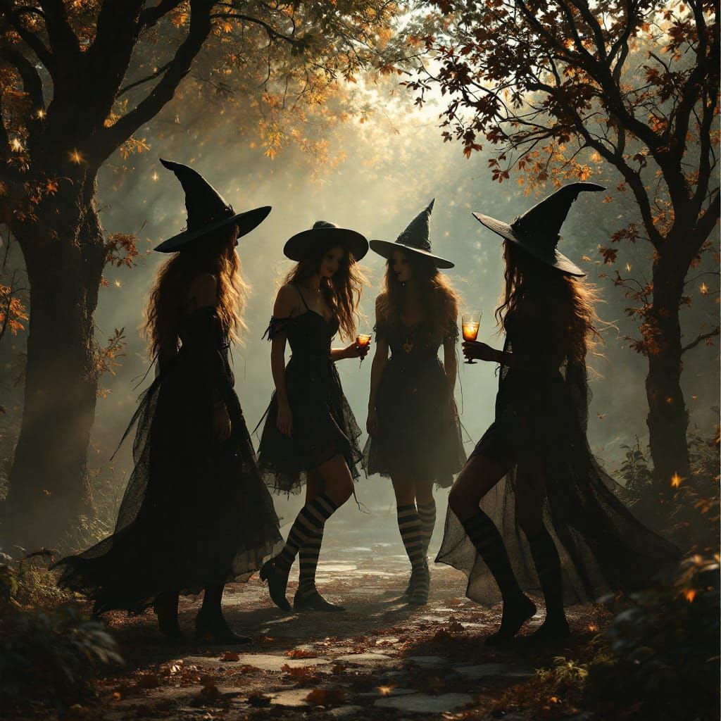 Graceful Young Witches Dancing in Stripey Socks