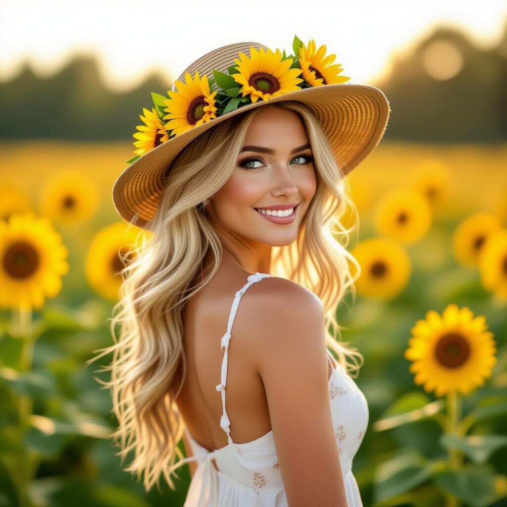 Blonde in Sunflower Field, Oil Painting Style