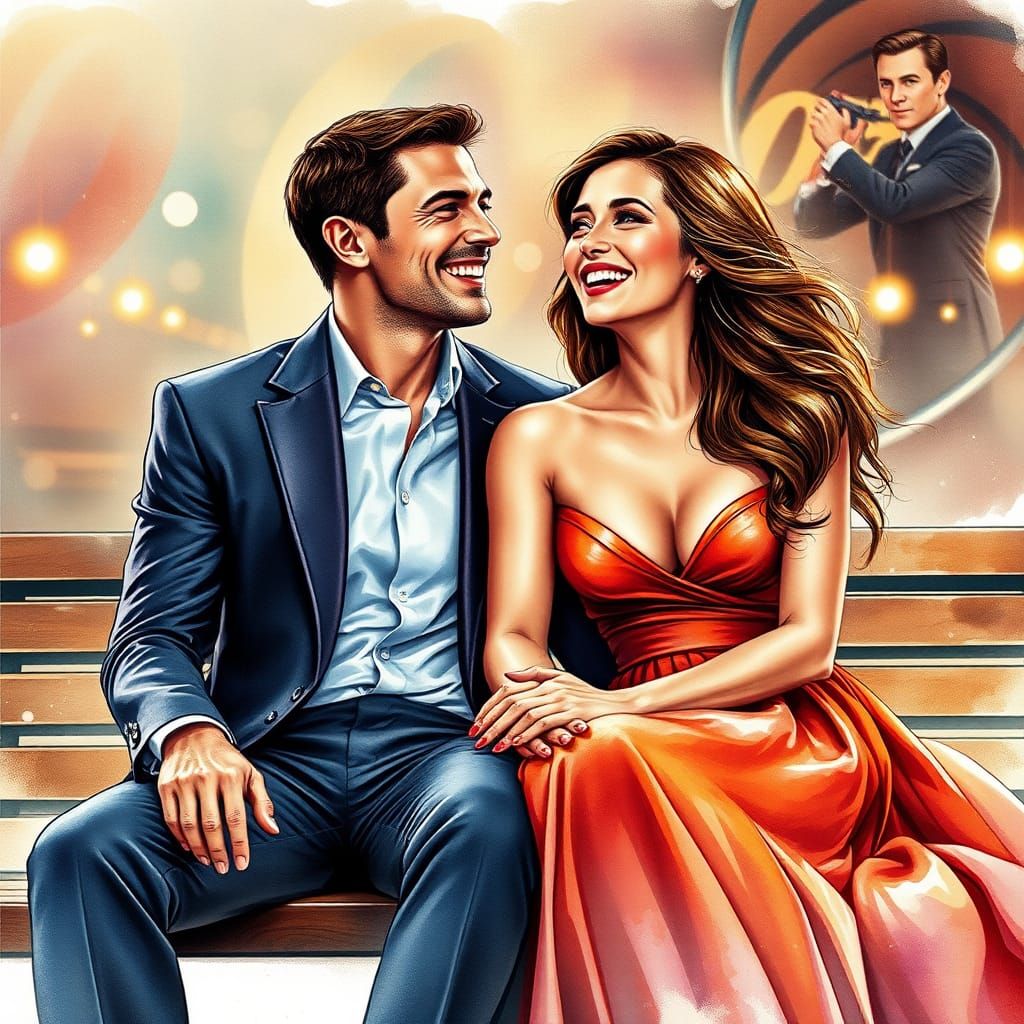 Watercolor Portrait of Bond-Like Man and Woman