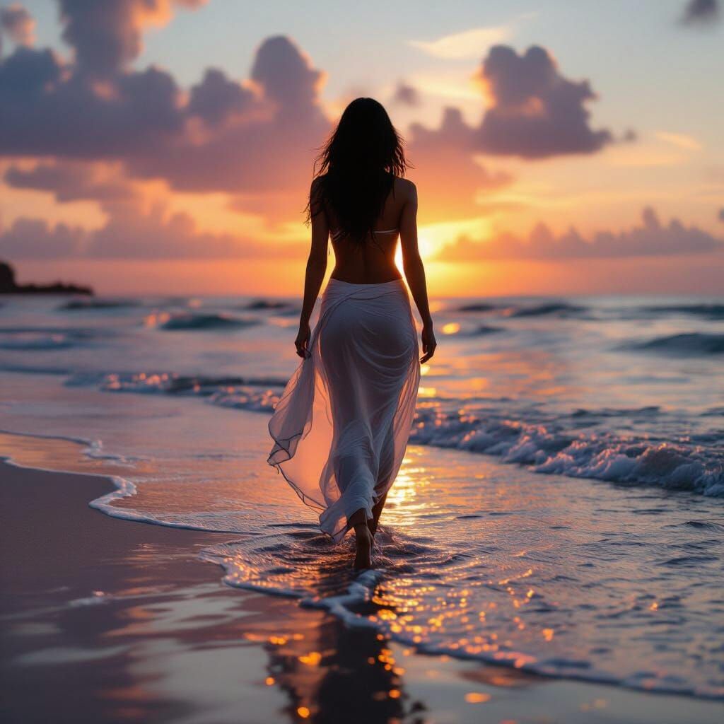 Woman Walks on Beach at Sunset