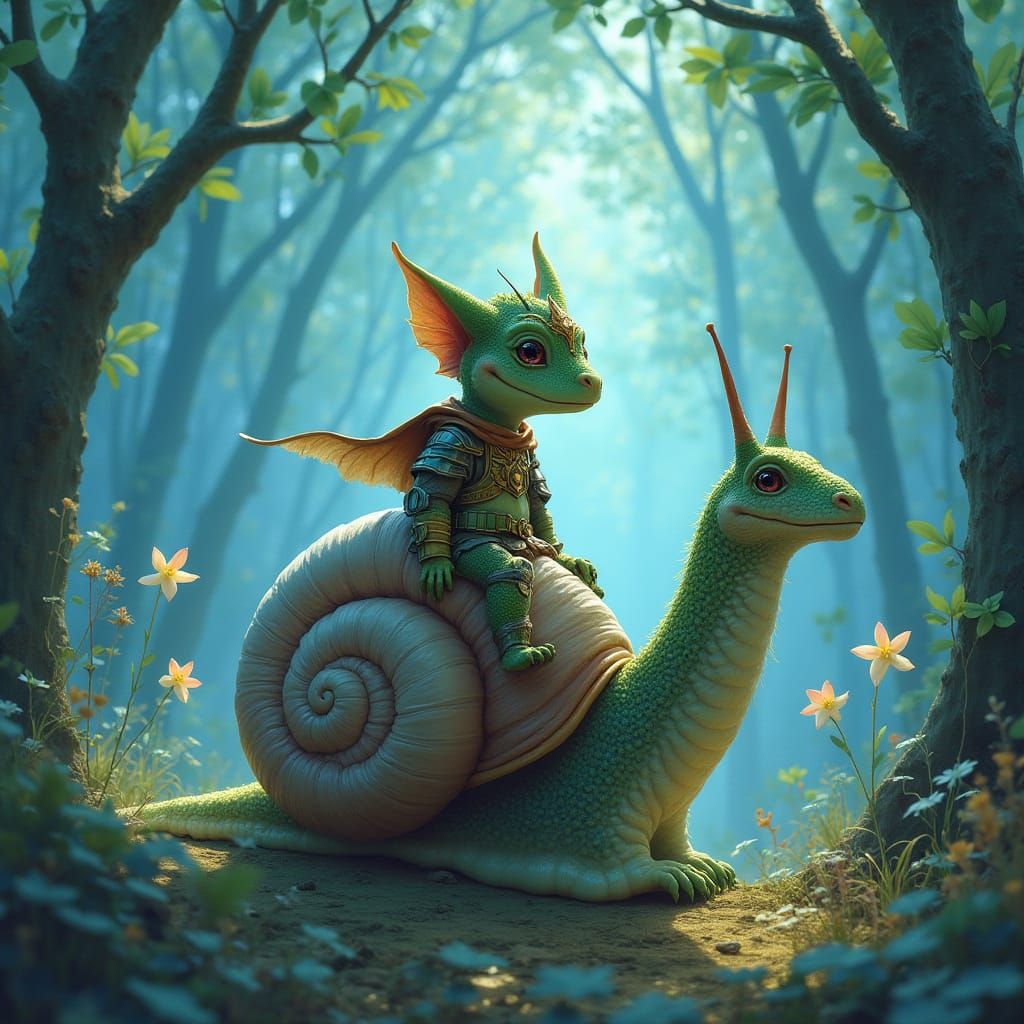 Ethereal Reptilian Knight Rides Sluggish Snail Through Glowi...