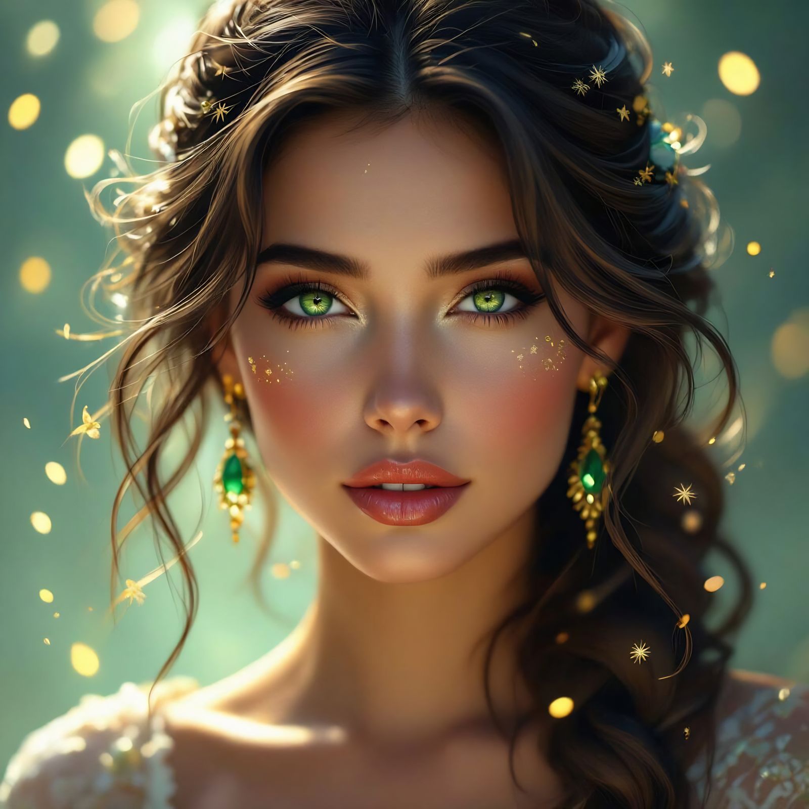 Ethereal Portrait: Woman with Gold and Emerald Flakes