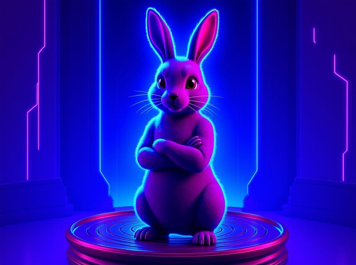 Neon Rabbit on Pedestal in Synthwave Style