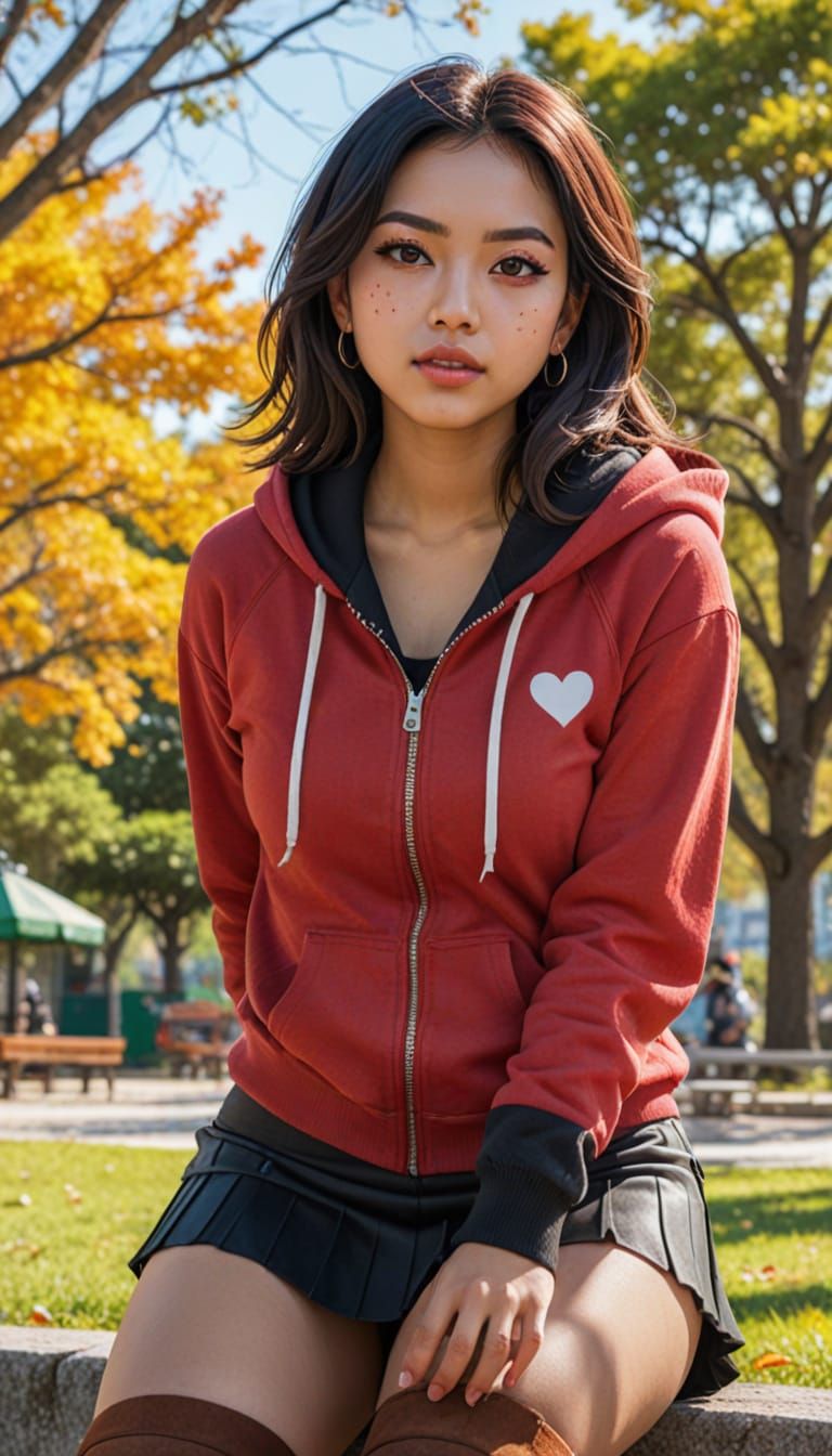 Anime-Style Mexican Woman in Park, Vibrant Colors