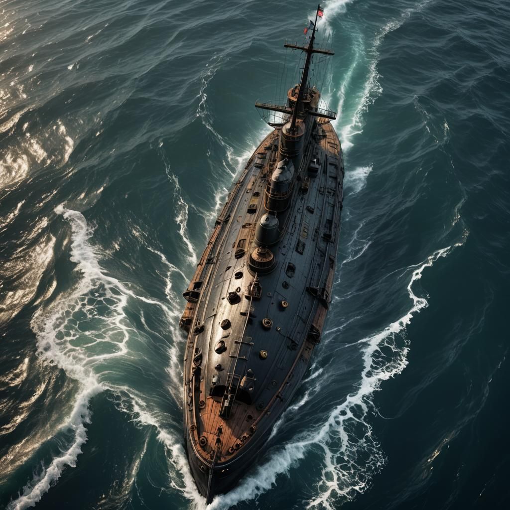 Submarine Surfaces Next to Sinking Ship