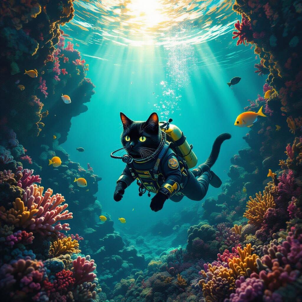 Underwater City Explorer: Black Cat in Diving Suit