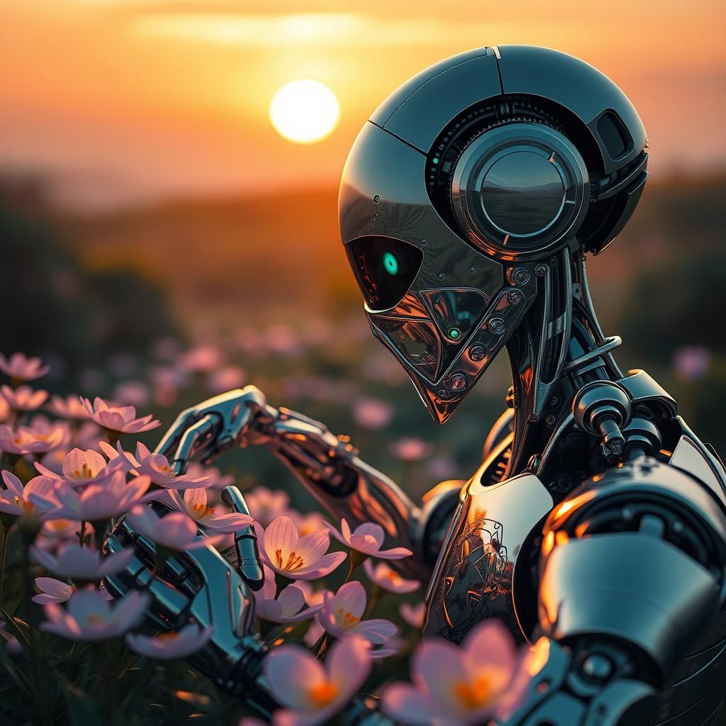 Robot Gardener at Sunset: Hyperrealistic Fantasy Art