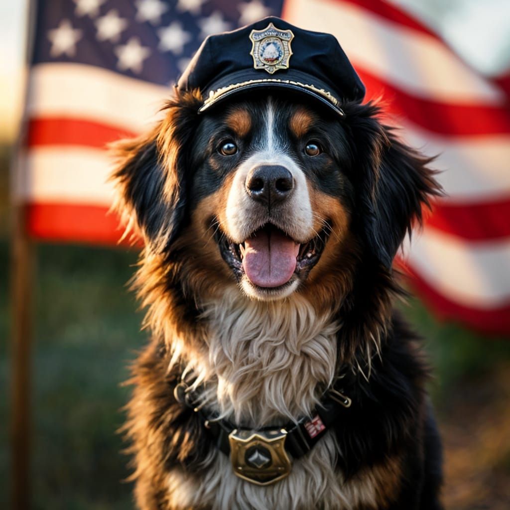 Joyful Bernese Mountain Dog in Police Hat Standing Behind Am...