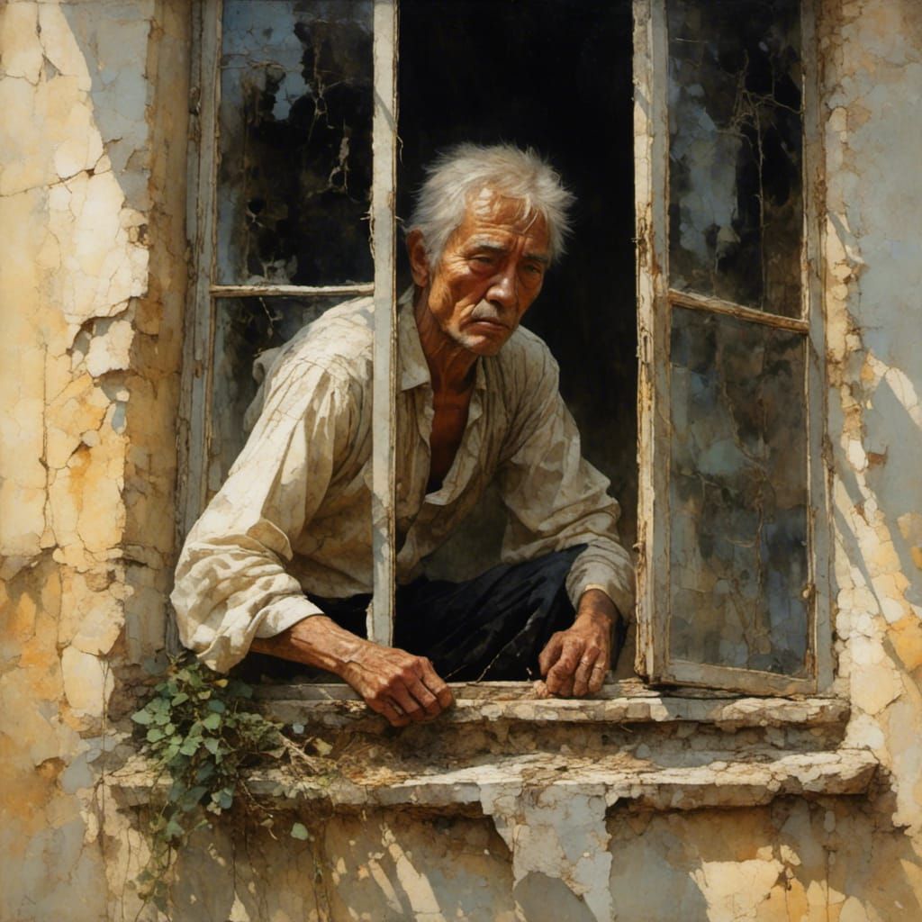 <lora:Oils - Sfumato:1.0> extreme closeup of man sitting at ...