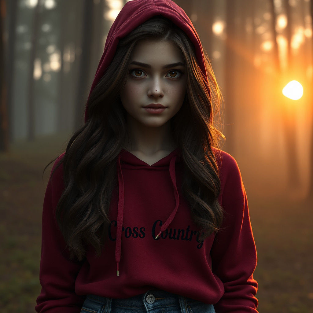 Girl in Red Hoodie in Misty Forest