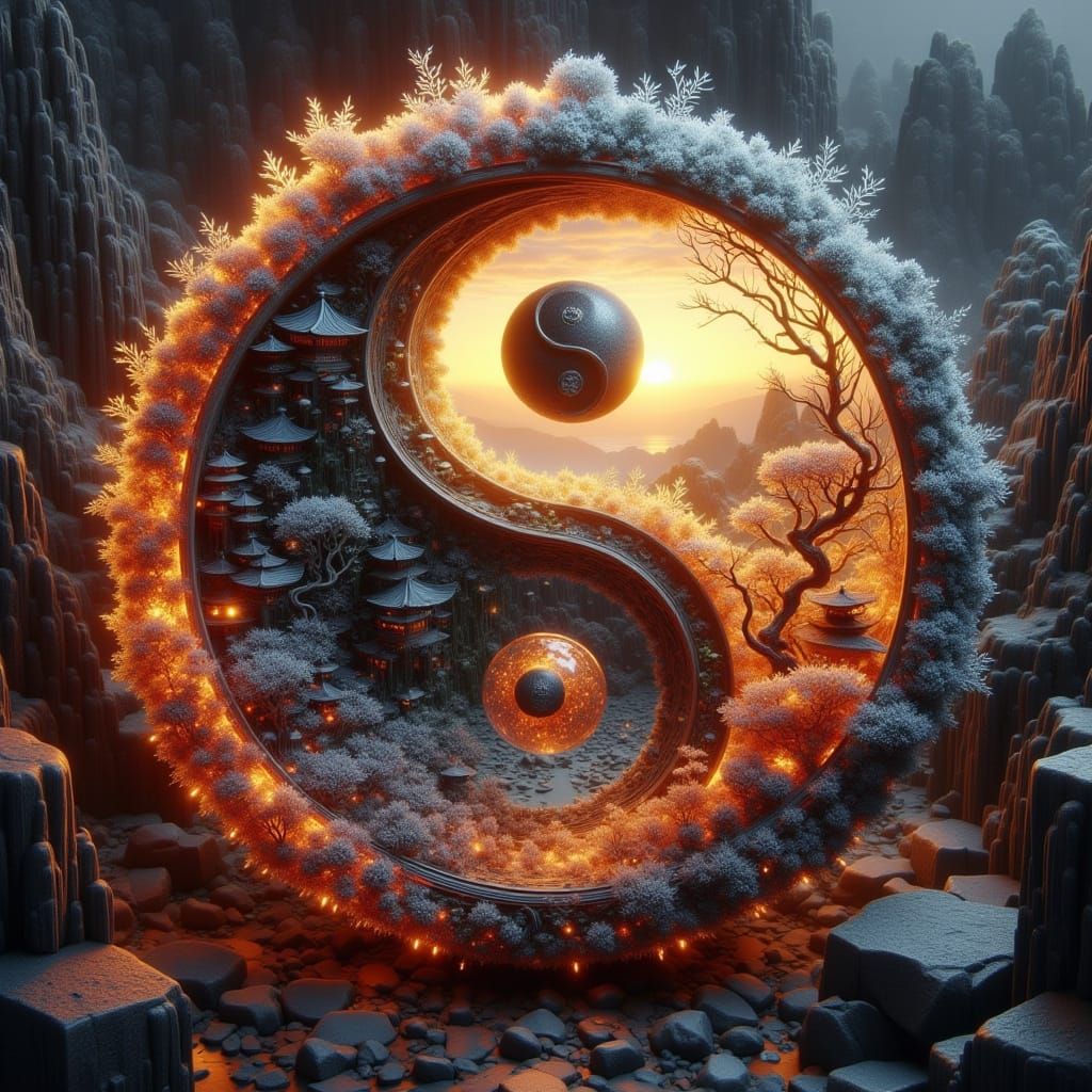 <lora:Yin-Yang scenery:1.0> A beautiful realism,  surrealism, 
hyperrealistic,   masterpiece of water Ying and fire  yan...