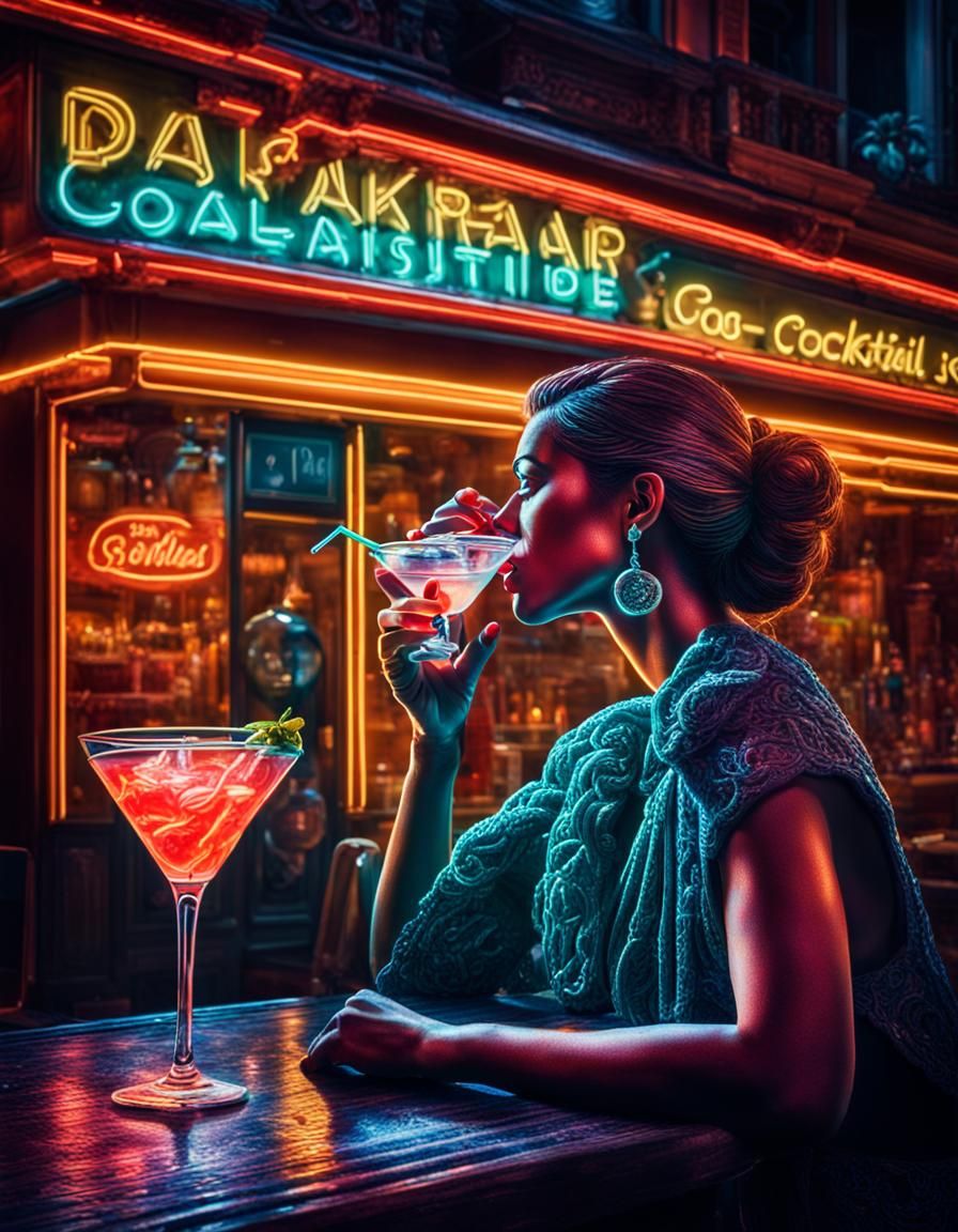 Neon Advertising Sign of Woman with Cocktail
