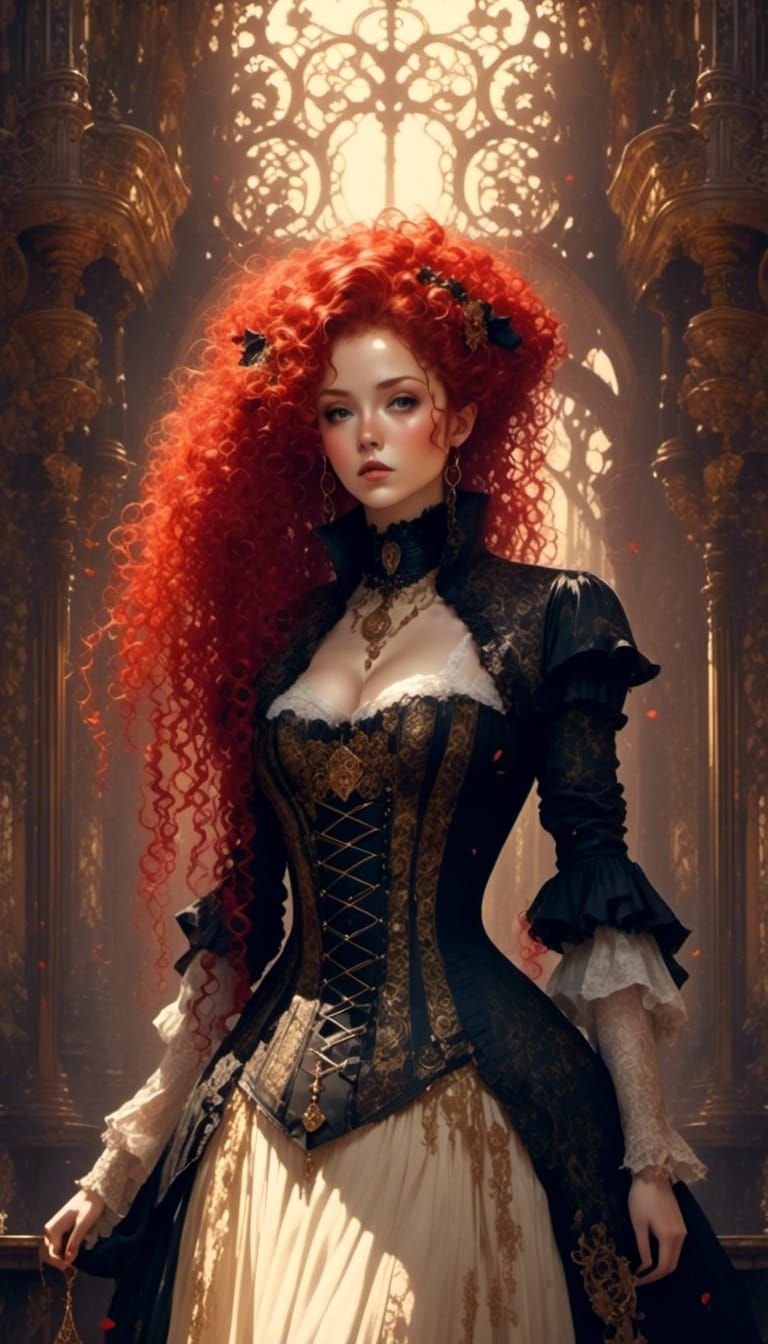 Pale Red-Haired Queen Portrait in Neo-Victorian Punk Style