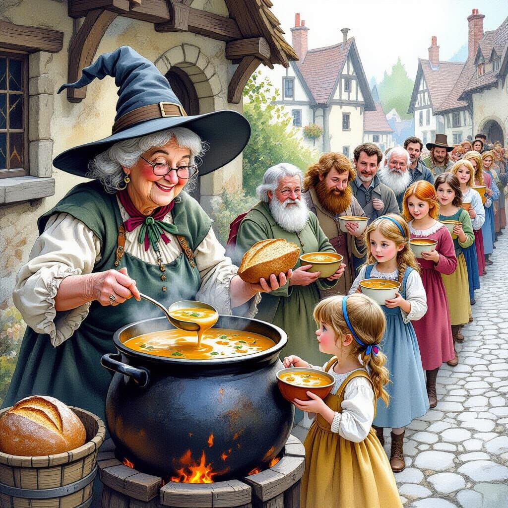 Elderly Witch Serves Mushroom Soup to Townsfolk in Storybook...