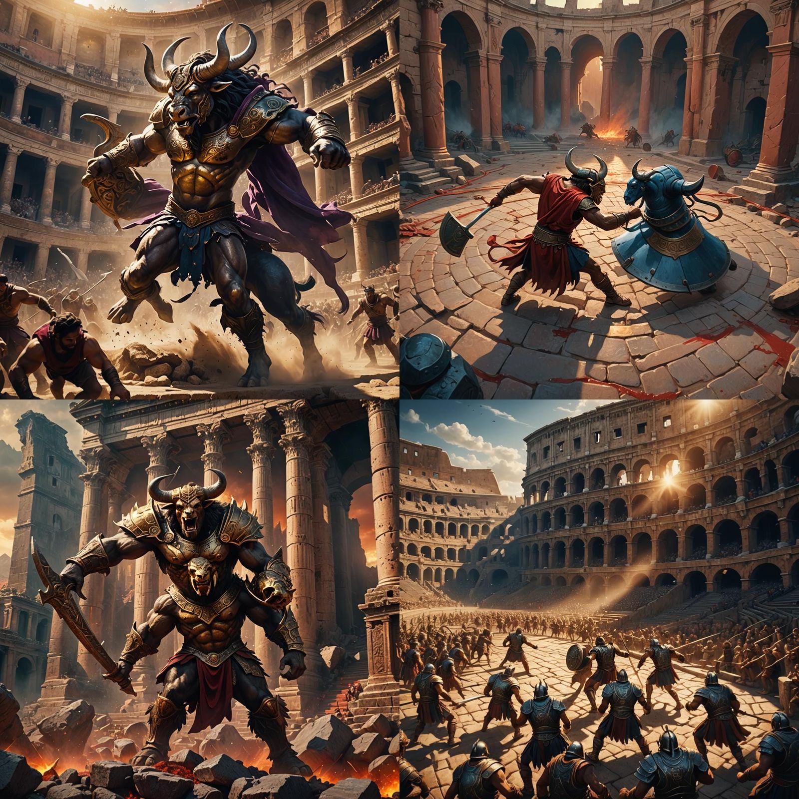Minotaur Battles in Roman Colosseum: Fantasy Art