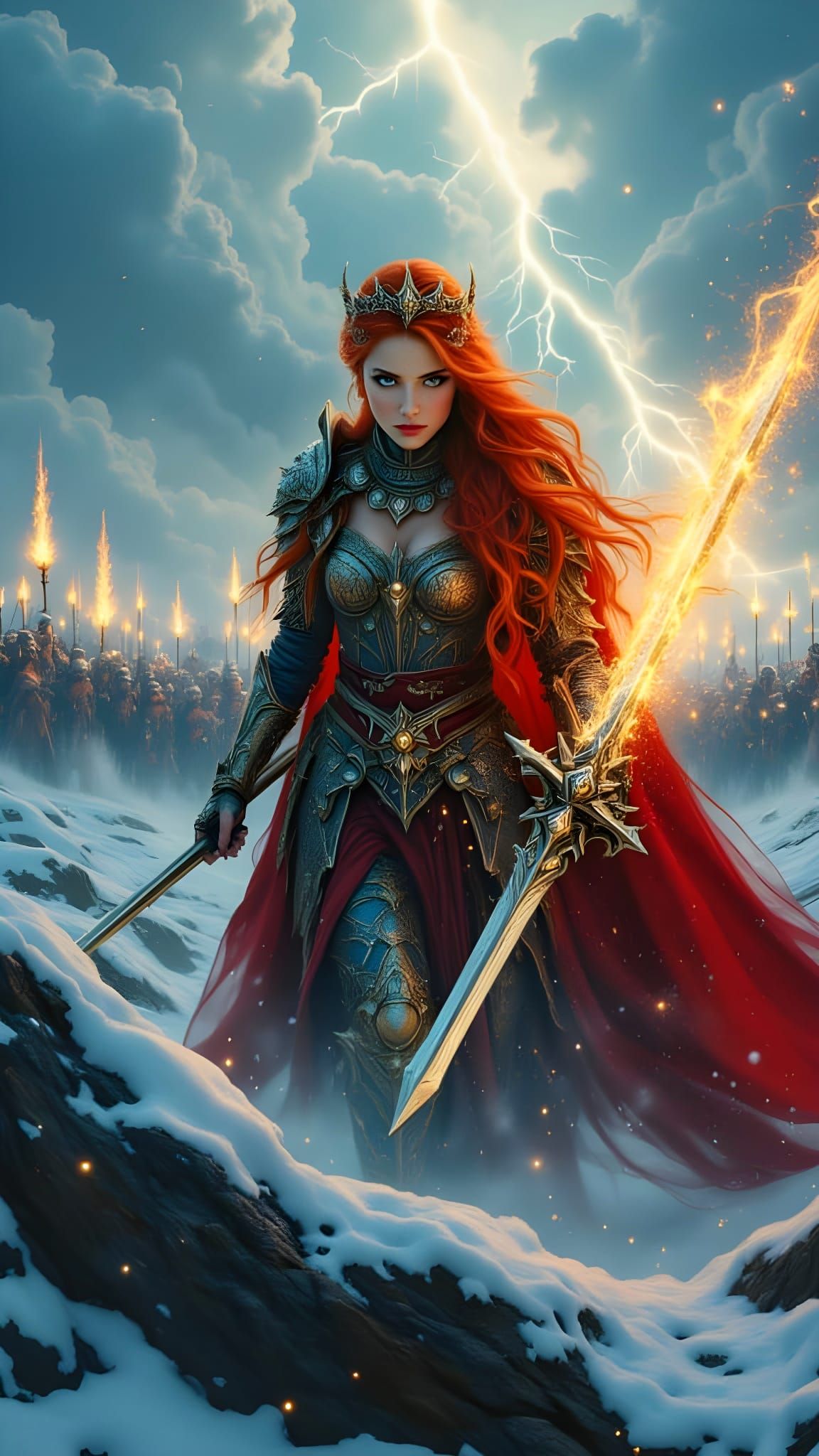 Warrior Queen Leads Army with Flaming Sword in Snowstorm