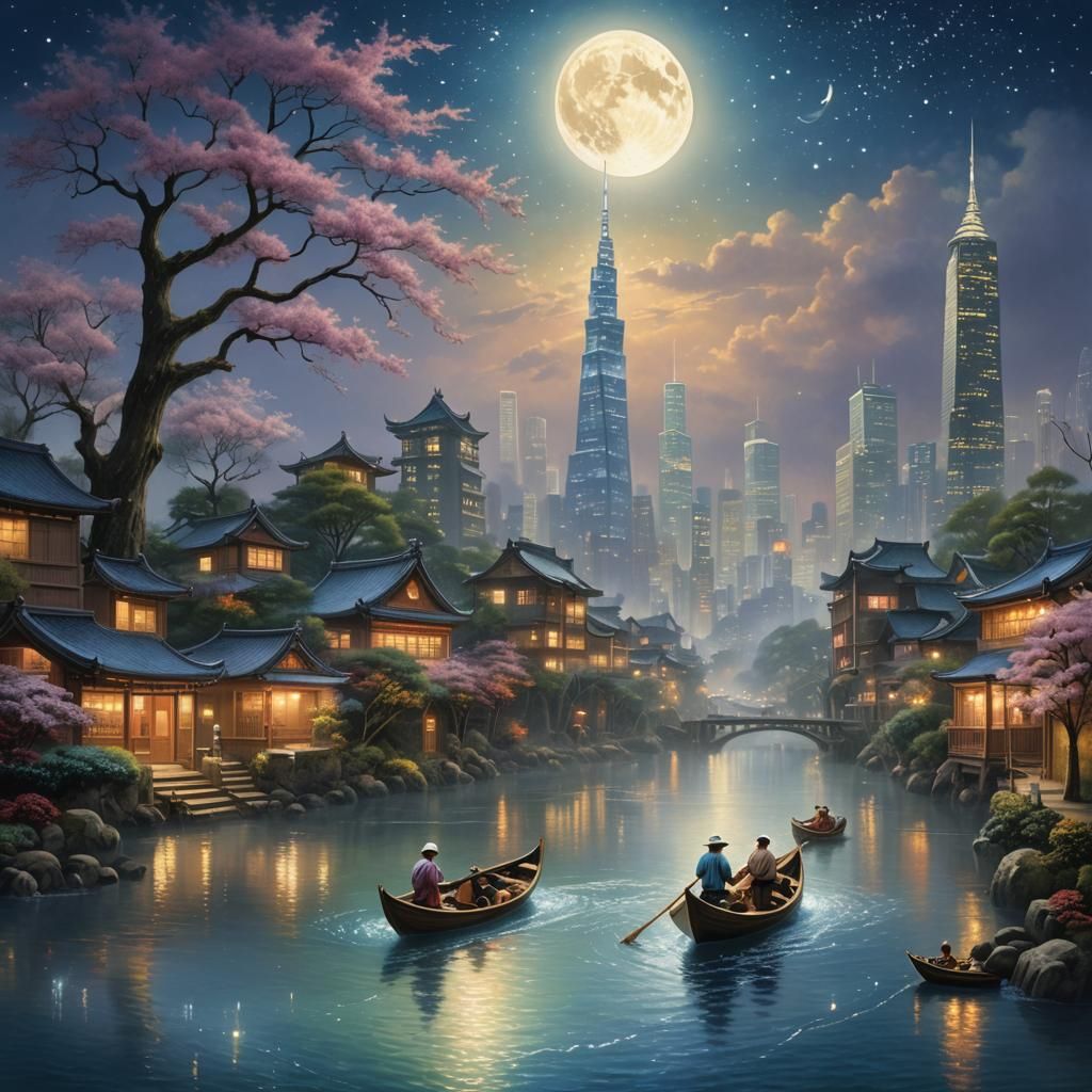 Magical Tokyo River Scene Under Starry Night