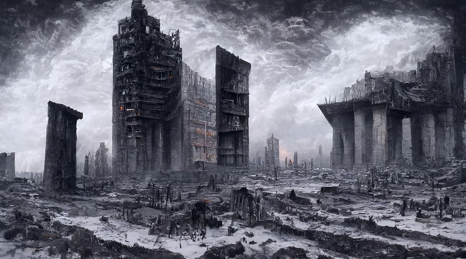 Apocalyptic Brutalist City Ablaze in Dystopian World