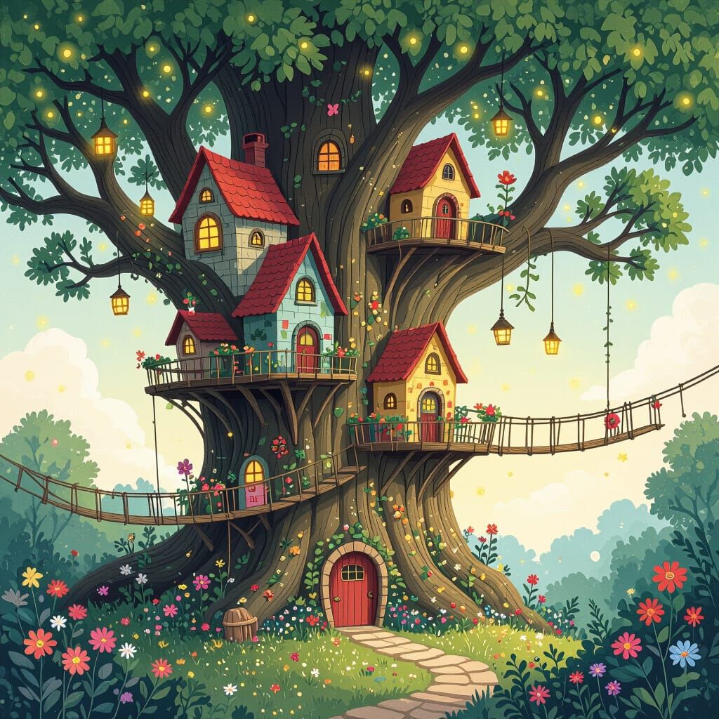 Whimsical Tree Village in Children's Book Illustration Style