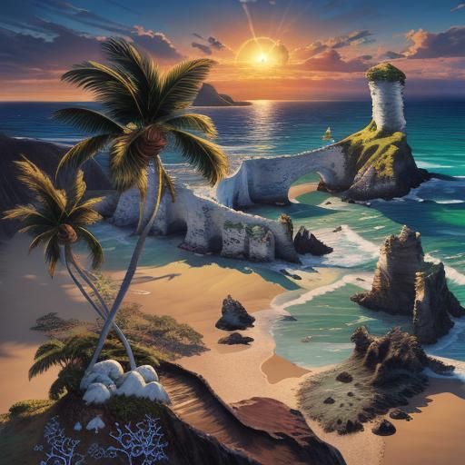 Photorealistic Beach Scene with Palm Trees and Blue Sky