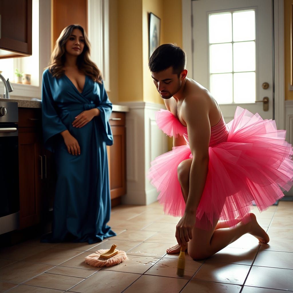 Humbled Man in Pink Ballerina Dress Scrubs Kitchen Floor, Sc...