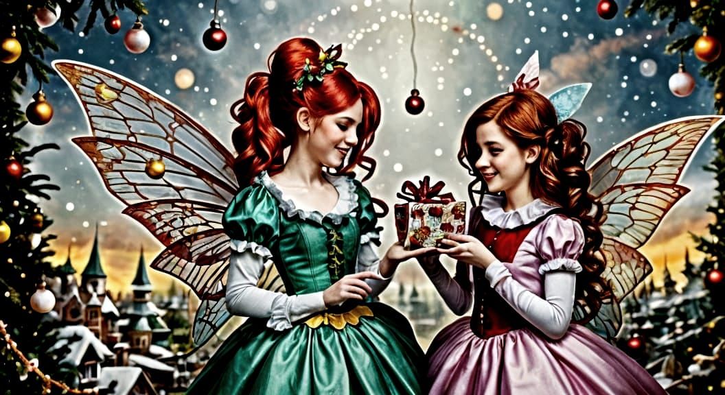 Cute Fairies Exchanging Gifts in a Magical Christmas Scene
