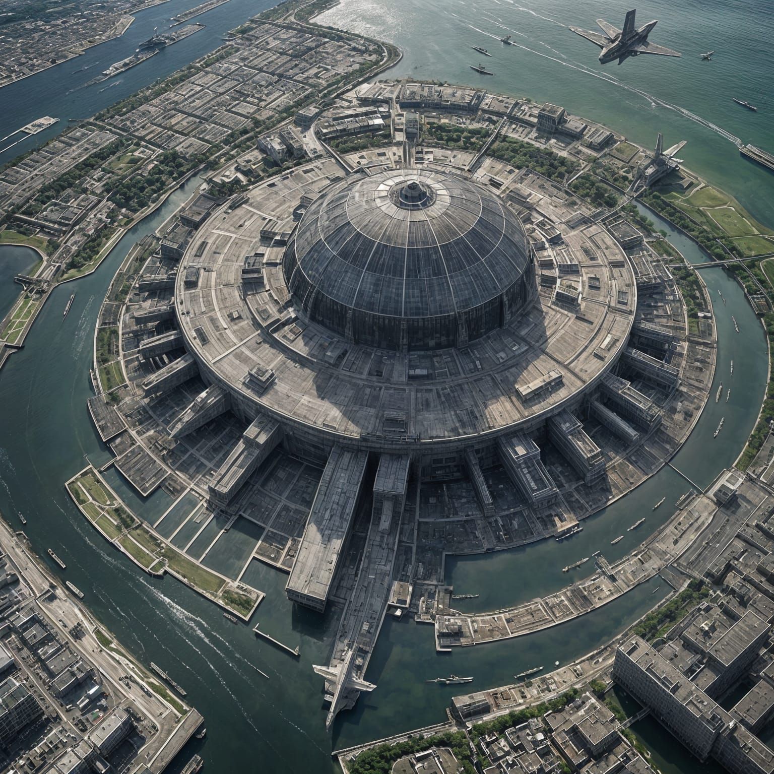 Dome-Shaped Military Base with Marching Soldiers