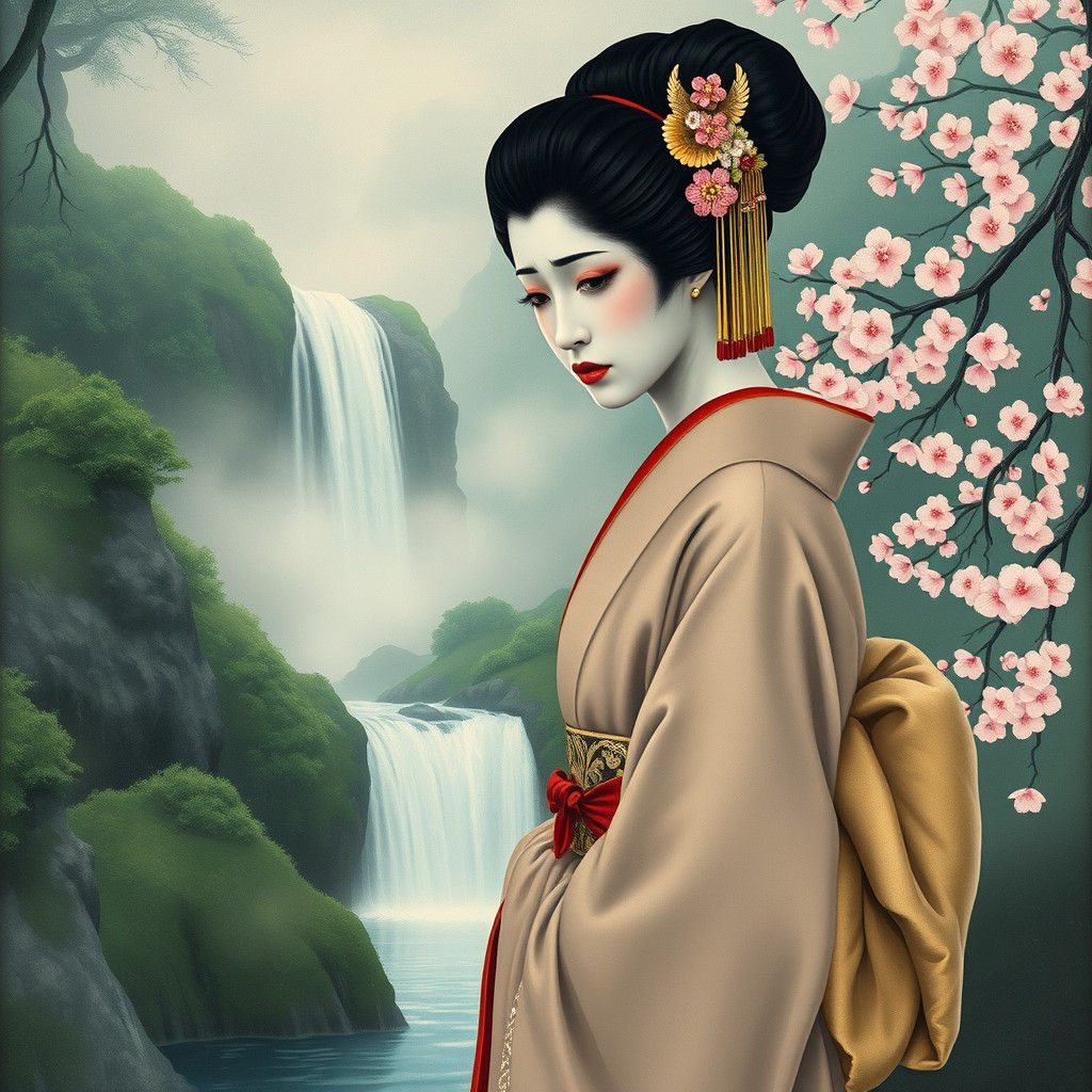Melancholy Geisha at Waterfall in Ukiyo-e Style